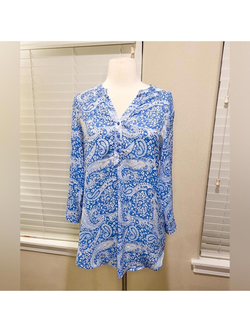 Antalia Femme Paisley Tunic Top Women M Blue Button Front V Neck